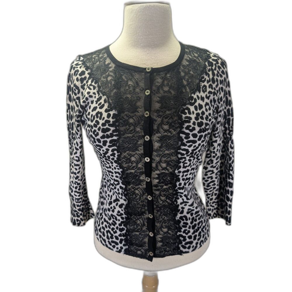 White House Black Market leopard lace 3/4 sleeve cardigan SZ M